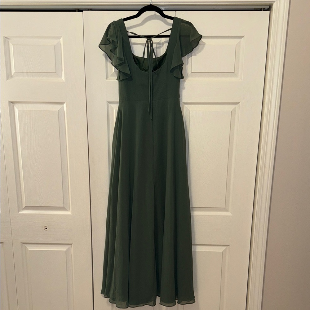 Azazie Forest Green Gown with Ruffle Sleeves - Picture 5 of 8